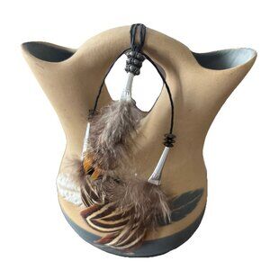 Native American 5” Pueblo Natural Clay Wedding Vase, Grey Feather Signed Piece